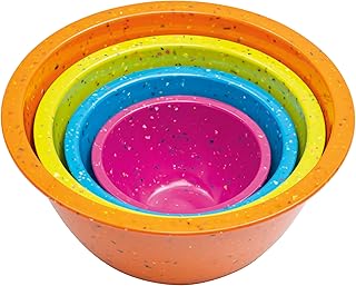 bzyoo Confetti Melamine 4 Piece Nesting Mixing Bowls Set, Colorful Vibrant | Colorful Kitchen Bowls (18oz, 1.25QT, 2.5QT, 4QT) - BPA-Free, Dishwasher Safe, Space-Saving