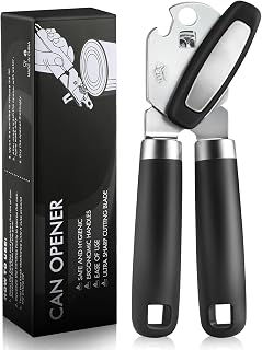 Multifunctional Can Opener Manual, Durable Heavy Duty Handheld Strong Can Opener with Smooth Cutting Edge, Friendly Kitchen Essentials Tool for Seniors, Camping and Bottle Opening-Black