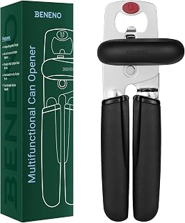 Beneno Heavy Duty Magnetic Manual Can Opener and Bottle Opener, Black | High Carbon Steel Sharp Cutting Blade, Oversized Smooth Turn Knob, Soft Grip Rubber Handle, Durable Construction