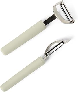 Amazon Basics Vegetable and Potato Peelers with Ultra-Sharp Stainless Steel Swivel Blades, Non-Slip Soft-Touch Handle, Protective Covers, 2-Piece Set, Dishwasher-Safe, Linen Gray