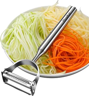 2 in 1 Stainless Steel Julienne Vegetable Peeler | veggie noodle peeler for potato ，cabbage，carrot，cucumber，fruit.Dual-function: peels and julienne shreds