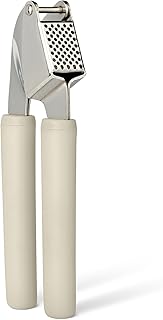Amazon Basics Garlic Press, Stainless Steel Garlic Mincer & Crusher with Soft-Grip Handle, Dishwasher-Safe, Linen Gray