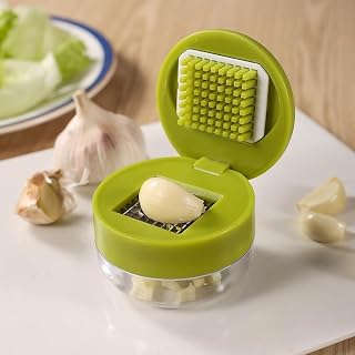 Mini Garlic Chopper and Press with Container, Emptycolor Manual Garlic Mincer Crusher Cutter Grinder, Stainless Steel Blades, Handheld Garlic Slicer Dicer Zoom Tool &ndash; Green