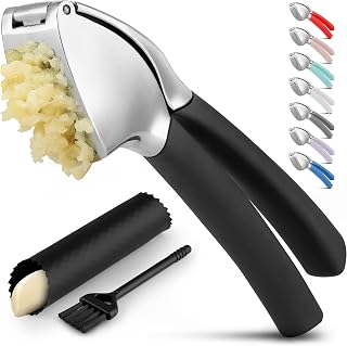 Zulay Kitchen Metal Comfort Grip Garlic Press | Garlic Mincer Tool - Garlic Crusher - Rust Proof Garlic Press, Soft Ergonomic Handle, Easy Clean Set with Peeler and Brush