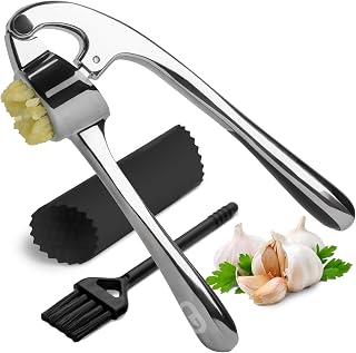 Garlic Press Crusher & Mincer &ndash; Easy Squeeze Ergonomic Handle, Heavy Duty Zinc Alloy, Dishwasher Safe, Includes Peeler & Cleaning Brush &ndash; Garlic Ginger Crusher Tool (Imperial Silver)