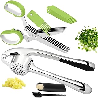 Garlic Press Stainless Steel, 2 in 1 Garlic Mincer & Herb Scissors, Dishwasher Safe Garlic Crusher, Rust Proof Garlic Smasher and Mincer Tool with Peeler and Brush for Kitchen