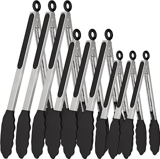 9 Pieces Silicone Tongs for Cooking 7,9,12 inches Kitchen Tongs with Silicone Tip Stainless Steel Heat Resistant Cooking Tongs for Food Grill Salad BBQ Frying and Serving, Black