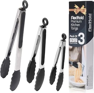 Stainless Steel Kitchen Tongs Set, 3 Pack with Silicone Tips | 7", 9" & 12" non-stick cooking, grilling, BBQ and serving tongs, dishwasher safe, black handles