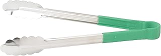 Winco 12" Green Stainless Steel Serving Tongs with Non-Slip Grip | Dishwasher safe, Non-slip handle, Brightly colored handles, Scalloped edges, Heat resistant, Great for Salads and Buffets