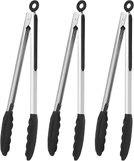 Serving Tongs Kitchen Tongs - Heat Resistant, Premium Stainless Steel Locking Cooking Tongs with Silicone Tips, Non-Slip Food Tongs for Cooking, Heavy Duty, Non-Stick (12 Inch(3 Pack))