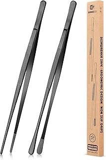 BUNDLEPRO Kitchen Tweezers Tongs with Precision Serrated Tips, 2 Pcs, 12'' | Black, Stainless Steel Professional Cooking Tweezers for BBQ, Plating and Serving