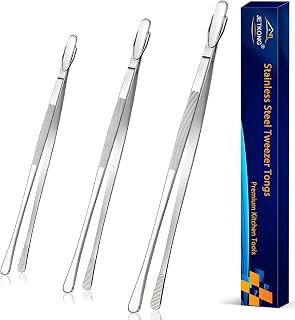 JETKONG 3 Pcs Extra Long Kitchen Tweezers 9 12 14 Inch Heavy Duty Stainless Steel Cooking Tweezers (Round Tips, Silver)