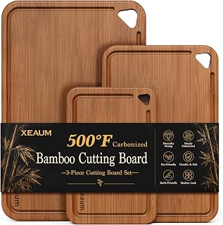 Bamboo Cutting Board 3-Piece Wooden Cutting Board for kitchen | Deep-Carbonized Bamboo Set with Deep-Carbonized Finish & Non-Slip Edges, Sized for Meat/Veggie/Fruit Prep with Hanging Hole