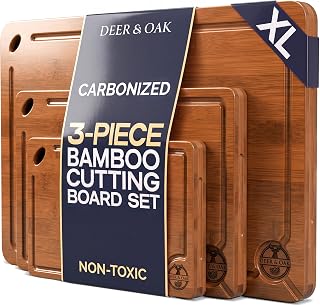 Pre-Oiled, Non Toxic 3-Piece Carbonized Bamboo Cutting Board Set | 16.5 x 11 in, 12 x 8 in, 9 x 6 in &middot; Hanging hole &middot; Eco-friendly 500F technology &middot; Deer & Oak