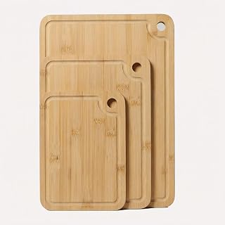 Bamboo Cutting Boards for Kitchen Set of 3, Wooden Cutting Board Non Toxic with Side Handle, HKKZYT Wood Chopping Board with Deep Juice Groove, Knife-Friendly, Kitchen Gift (Light Color)