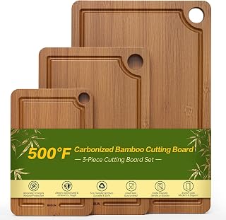 Bamboo Cutting Board for Kitchen, 3-Piece Set with Juice Grooves, Side Handles & Non-Slip Mats &ndash; Durable Bamboo Chopping Board for Meat, Vegetables and Fruits