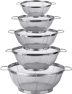5 Pack 18/8 Stainless Steel Colander Sieves, Multi Size Mesh Strainer Net Baskets with Handles & Resting Base for Strain, Drain, Rinse or Steam