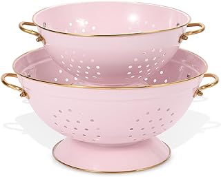 Metal Colander Set of 2, Strainer Basket with Handles 3.5 & 5 Qt Powder Coated Self-draining Solid Ring Base Metal Large Kitchen Colander Bowel for Pasta Vegetable Fruit (PINK)