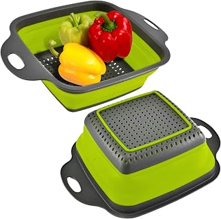 Square Collapsible Colander with Handles &ndash; Green Square Silicone Kitchen Strainers with Plastic Handles Foldable Kitchen Strainer Perfect for Draining Pasta Vegetable and Fruit Green