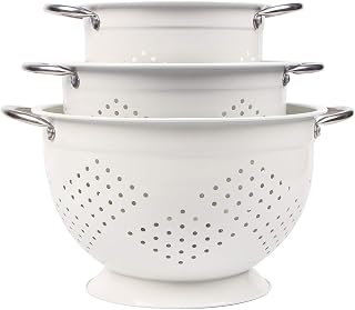 Rorence Stainless Steel Colander Set for Kitchen,1.5,3 & 5 Qt,White | metal Pasta&Vegetable Strainer，Ergonomic Side Handles，Space-Saving Nesting Design