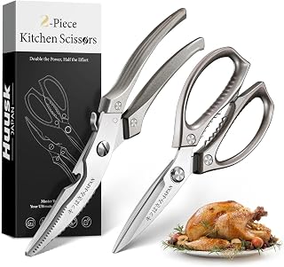 Huusk Kitchen Scissors Set Heavy Duty Spring Loaded All Purpose for Food | 2-Pack, Ergonomic, Come Apart Blades, Stainless Steel, for Spatchcocking Chicken, Fish, Herbs