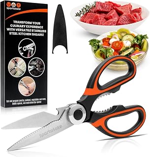 Premium Kitchen Shears, Stainless Steel Food Scissors, Black & Orange | Multipurpose Food Scissors with Protective Sleeve for Cooking, BBQ, Fish, Chicken, Pizza, Herbs & Kitchen Tasks