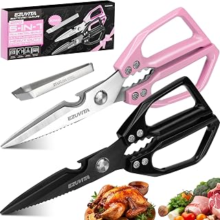 2PC 5-in-1 Kitchen Scissors Set, Multifunctional Shears | Titanium Coated Blades, Aluminum Alloy Handle, Fish Scaling Edge, Bottle Opener, Nutcracker,Poultry Tweezers,Dishwasher Safe