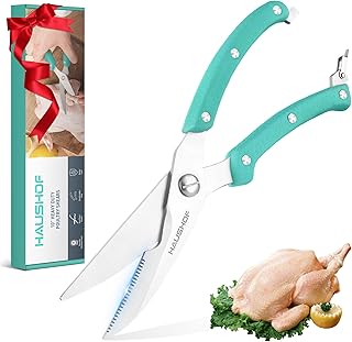 HAUSHOF 10" Poultry Shears, Stainless Steel Kitchen Scissors for Food | Serrated Blade, One-Piece Handle, Spring-Assisted Cutting, Safety Lock, Poultry, Meat, Fish & Bone Prep
