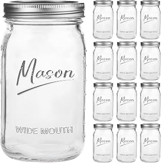 Mason Jars 32 oz,12 Pack Quart Wide Mouth Mason Jar With Airtight Lids,Glass Canning Jars for Fermenting, Pickling,Meal Prep,Overnight Oats & Centerpieces