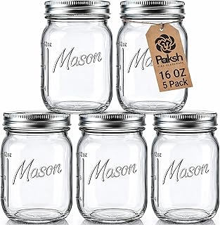 Paksh Novelty 16 oz Mason Jars with Lids, Regular Mouth, 5 Pack | 16 oz glass jars with lids and seal bands, mason jars 16 oz, pint mason jars, airtight canning jars for pickling and oats