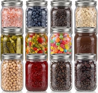 NutriChef 16 oz. Wide Mouth Mason Jars | 12 Pcs Glass Food Storage Containers with Lids for Meal Prep, Jam, Honey & Crafts | Reusable Canning Supplies