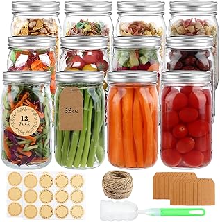 Wide Mouth Mason Jars with Lids 32 oz, 12 Pack Quart Canning Jars | Clear Glass Mason Jars with Lids and Bands for Preserving, Canning, Meal Prep, Pickling