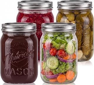 NutriChef 4-Pack 16 oz Mason Jars with Lids - Thick Glass Canning Jars with Stainless Steel Lids - Ideal for DIY Spices, Meal Prep, Overnight Oats, Jelly, Jam, Honey, Candles, Crafts, & More