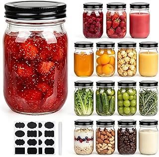 QAPPDA 16 oz Glass Jars With Lids, Wide Mouth Mason Jars,Glass Storage Jars For Food,Canning Jars For Pickles,Herb,Jelly,Jams,Honey,Kitchen Canisters Dishware Safe 16 Pack