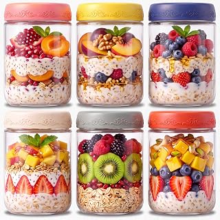 6-pack 16 oz Overnight Oats Containers with Lids | Mason Jars with Airtight Lids, Wide mouth Mason Salad jars, Yogurt Parfaits, Smoothies, Salads (16oz - 6pcs)