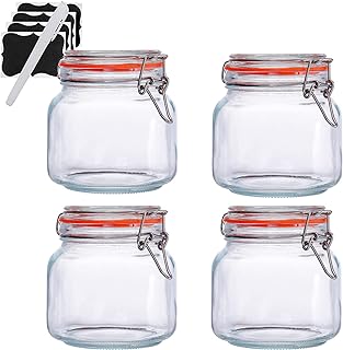 Hovico 25 oz Glass Jars With Airtight Lids And Leak Proof Rubber Gasket,Wide Mouth Mason Jars With Hinged Lids For Kitchen Canisters 750ml, Glass Storage Containers