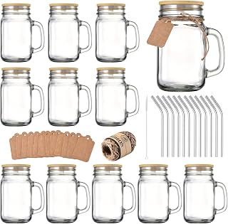 TANGLONG 16 oz Mason Jars with Handle, Mason Jar Cups, 12Pack | Glass Cups with Lids and Straws, Drinking Glasses Set