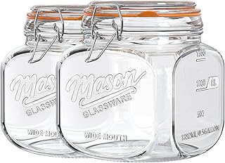 Half Gallon Mason Jar with Hinged Lid, 2 Pack Glass Canister, 64 Oz | 4.3'' Wide Mouth Storage Jars for Food Storage, Cookie, Flour, Candy, Coffee, Pickle, Glass Jar with Lid, 2 Scale Marks
