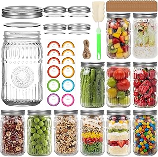 32oz Wide Mouth Mason Jars 12 Pack with Extra 4 Lids, Tags & Twine | Quart Glass Canning Jars with Airtight Lids for Overnight Oats, Pickling, Food Storage, DIY Crafts, Wedding Favors