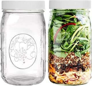 PR1M3 Wide Mouth Mason Jars 32 oz, 2 Pack with Plastic & Metal Lids | 32 oz Quart Glass Mason Jars, Wide Mouth Jars with Plastic Lids, Canning Jars, Food Storage, Meal Prep, Dishwasher Safe