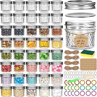 4oz Glass Mason Jars with Airtight Lids, Mini Canning Jars 40 Pack | Includes Stickers, Tags & Twines, for Jams, Honey, Spices, Dried Snacks, DIY Crafts, Wedding Favors