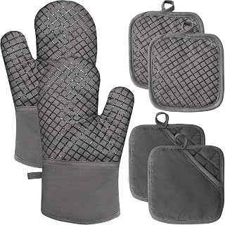 4 Pcs Oven Mitts and Pot Holders,High Heat 500&deg;F Resistant Glove Potholder with Thick Cotton,Silicone Non-Slip Surface Long Kitchen Oven Glove for Cooking Baking Grilling(Grey)