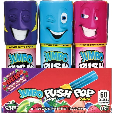 Jumbo Push Pop, Assorted Fruity Flavored Lollipop Suckers, Bulk Candy, 18 Count Tray