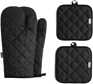 Oven Mitts and Pot Holders 4 pcs Set,High Heat Resistant 500 Degree Extra Thicken Long Kitchen Cotton Oven Glove for Cooking (12 Inch,Black)