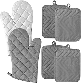 6Pcs Cotton Oven Mitts and Pot Holders Set Durable Hot Pads Machine Washable BBQ Gloves Heat Resistant Pocket Pot Holder with Hanging Loop for Safe Kitchen Baking Cooking Grilling Grey