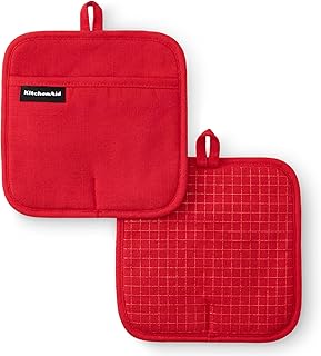 KITCHENAID Gourmet Series Gridlines Pot Holders 2-Pack Set, Heat Resistant up to 600&deg;F, Soft Silicone Grip, Magnetic Cuff, Passion Red, 8"x8"