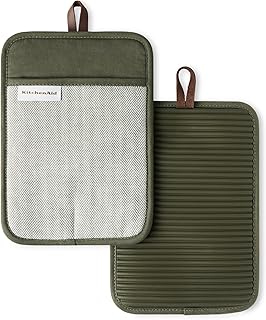 KITCHENAID&reg; Evergreen Design Series Herringbone Ribbed Soft Silicone Pot Holders 2-Pack Set, Heat Resistant up to 500&deg;F, Flexible & Waterproof, Deep Forest Green, 7"x10"