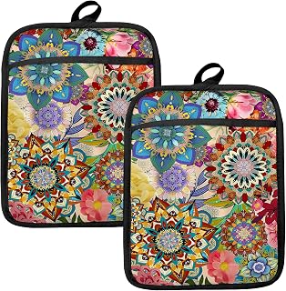 Boho Floral Oven Mitts Set, Vintage Luxury Colorful Flower Floral Heat Resistant Kitchen Oven Gloves for Baking and Cooking,Pot Holders