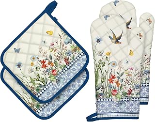 Country Wildflower Oven Mitts and Pot Holders Set, Cotton, 4pcs | Heat Resistant Kitchen Gloves and Pot Holders with Retro Wildflower Print for Cooking, Baking, Kitchen Decor, Gifts for Mom