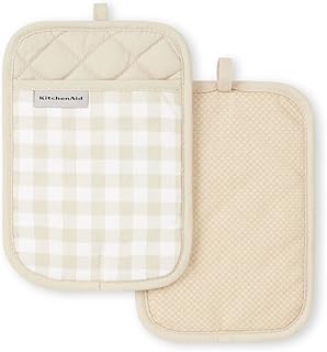KitchenAid Gingham Pot Holder 2-Pack Set, Milkshake Tan, 7"x10"